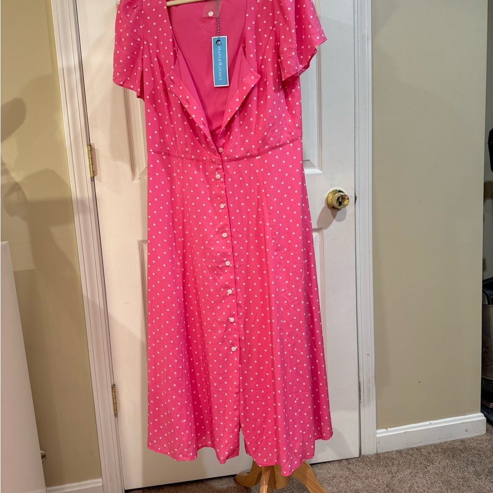 Draper James Pink and white polka dots  Midi Sundress with Flutter Sleeves